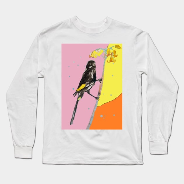 Australian Honeyeater Bird Painting - New Holland on Yellow and Pink Long Sleeve T-Shirt by SarahRajkotwala